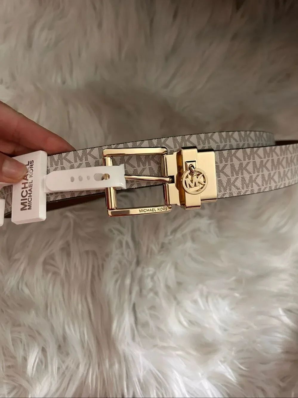 Michael Kors Twist Reversible MK Logo White & Solid Brown, Gold Buckle, Size L